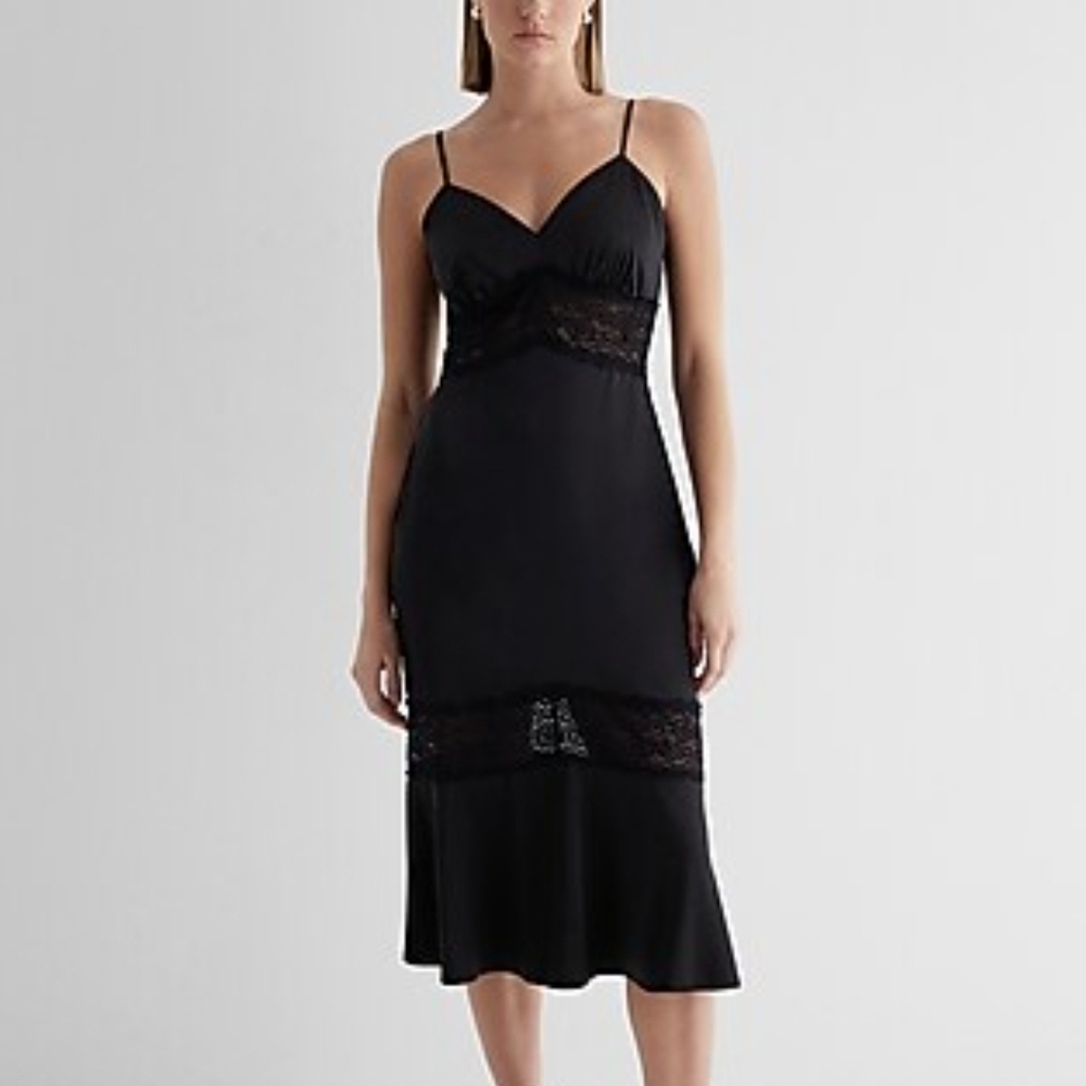 Express V-Neck Lace Pieced Midi Slip Dress, Sz Lg